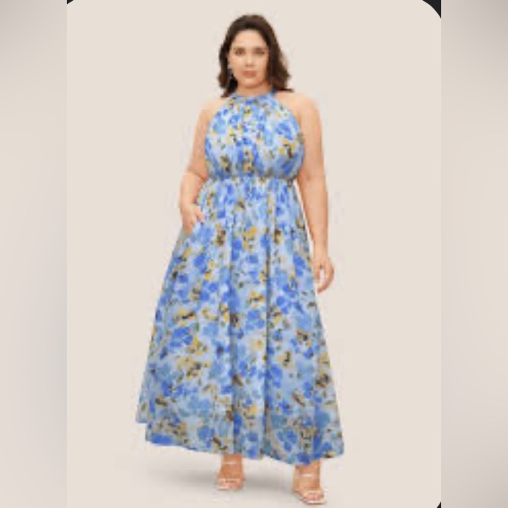 NWT Bloomchic halter Neck floral pleated Pocket dress size 2X 🌸🌺🌹🍃🌸🌹199